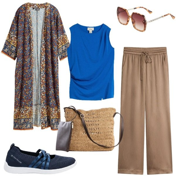 Outfit donna - Turista con stile. Stile Boho per Tutti i giorni. Abbinamento con pantaloni, pantaloni a palazzo, top, sneakers, occhiali da sole, borse a tracolla.