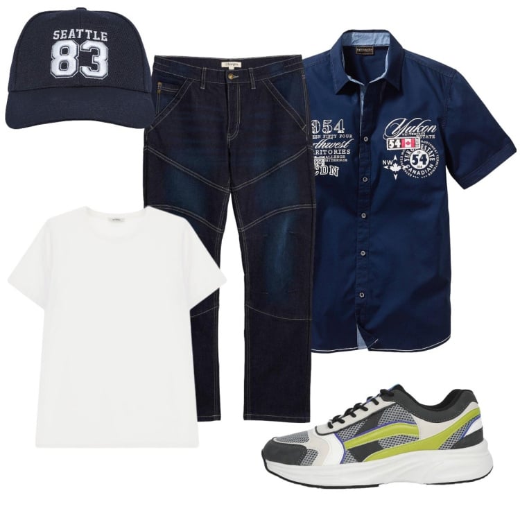Outfit uomo - Urban per tutto il giorno. Stile Urban per Tutti i giorni. Abbinamento con camicie a manica corta, jeans dritti, cappelli, sneakers, t-shirt.