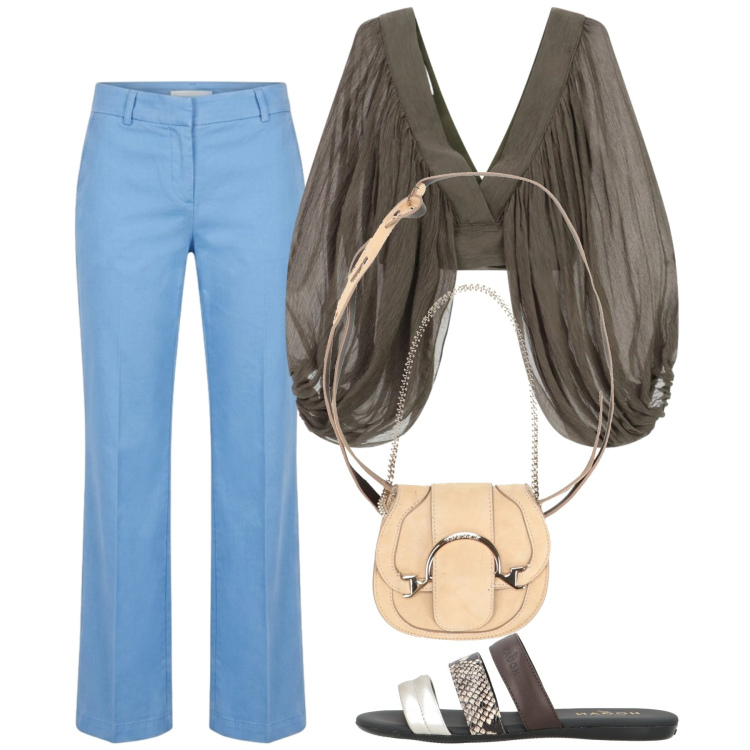 Outfit donna - Maggio. Stile Casual chic per Tutti i giorni. Abbinamento con marsupi, sandali in pelle, top, pantaloni.