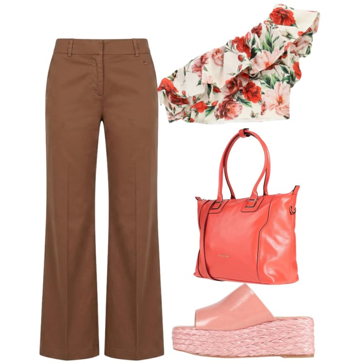Outfit donna - Summer colors. Stile Casual chic per Tutti i giorni. Abbinamento con sandali in pelle, zaini, top, pantaloni.