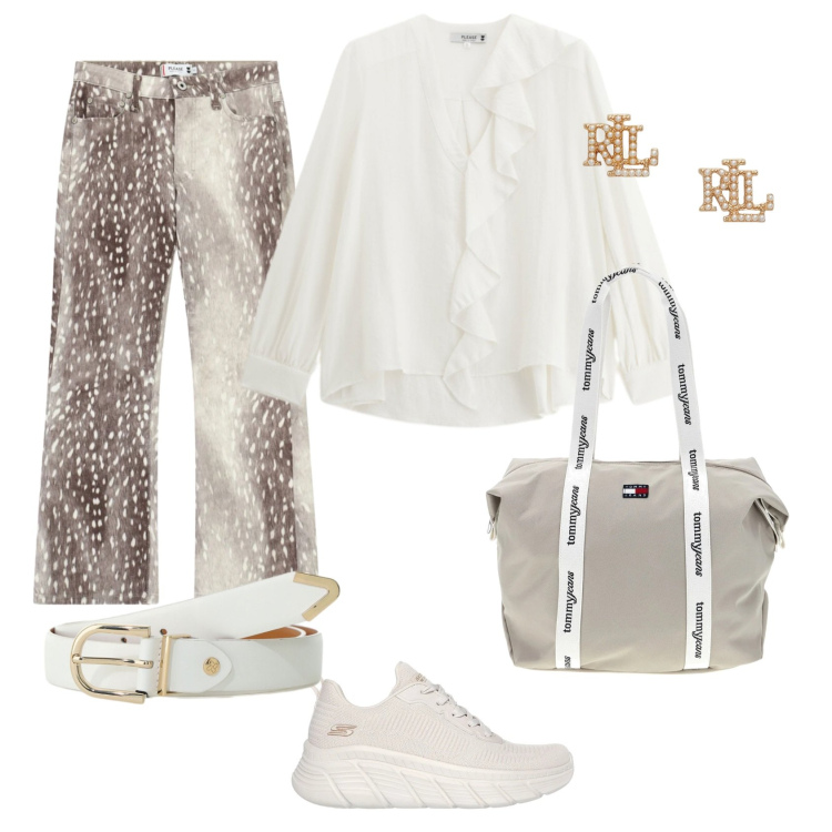 Outfit donna - Total look #2410121. Stile Chic per Ufficio. Abbinamento con cinture, pantaloni, bluse, orecchini, sneakers alte, shopping bag.