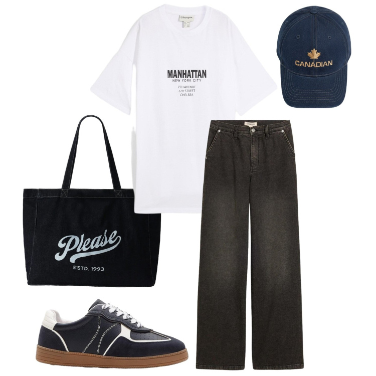 Outfit donna - Cosmopolita. Stile Casual per Tutti i giorni. Abbinamento con jeans dritti, t-shirt, sneakers, shopping bag, berretti.
