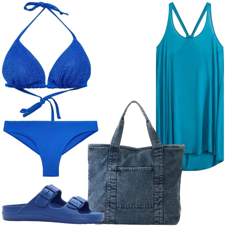 Outfit donna - Blu mare. Stile Casual per Tutti i giorni. Abbinamento con vestiti da spiaggia, shopping bag, ciabatte, bikini, bikini.
