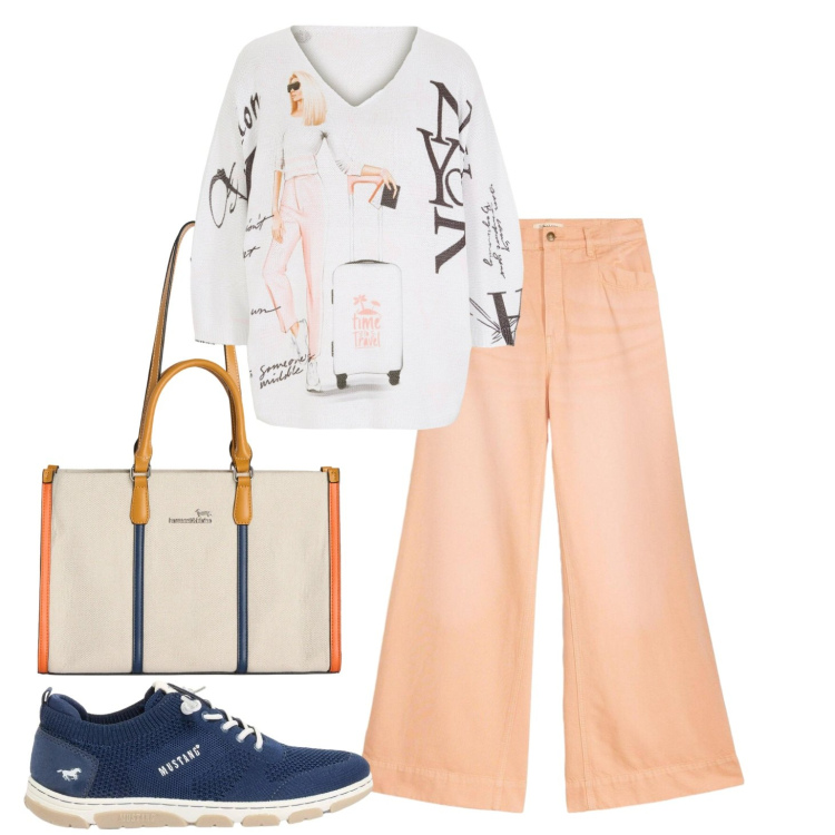 Outfit donna - Amante dei viaggi. Stile Casual chic per Tutti i giorni. Abbinamento con jeans, maglieria, sneakers, borse tote.