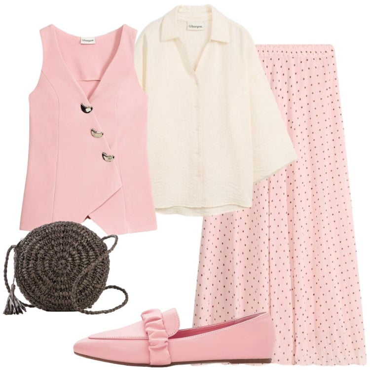 Outfit donna - Passeggiata in città. Stile Urban per Tutti i giorni. Abbinamento con blazer, gonne longuette, camicie, mocassini, borse a tracolla.