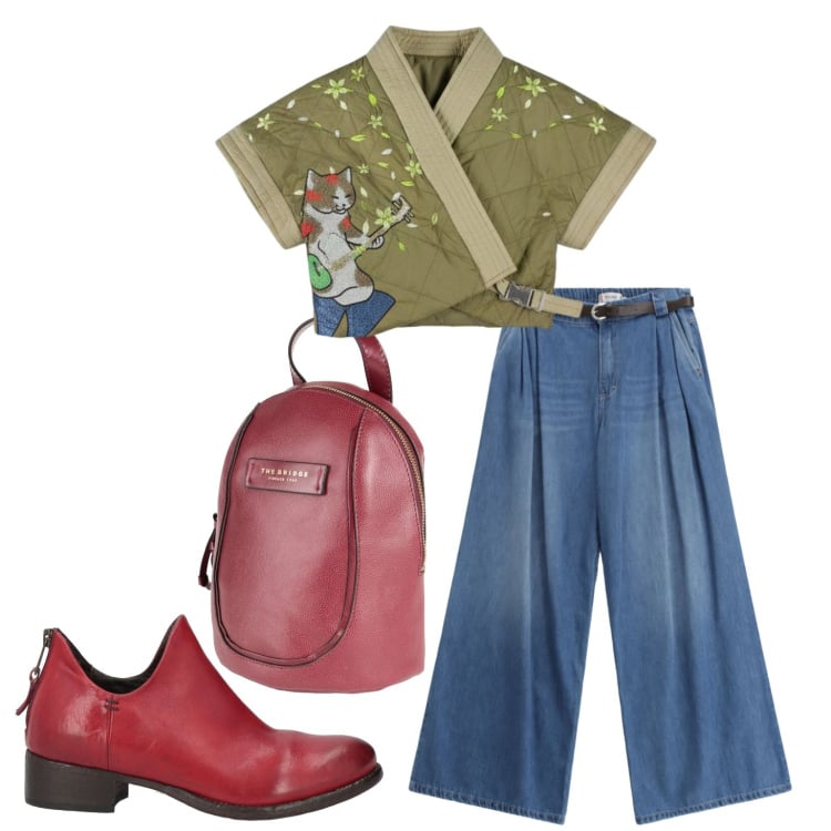 Outfit donna - Il gatto con la chitarra (adoro i gatti). Stile Rock Abbinamento con stivaletti, zaini, jeans, kimono.
