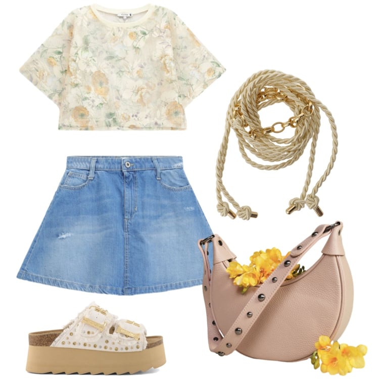 Outfit donna - Aperitivo in spiaggia. Stile Etnico per Mare. Abbinamento con top, minigonne, cinture, borse a spalla, zeppe.