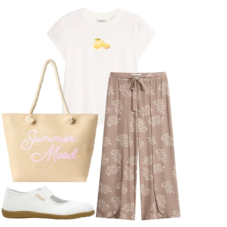 Outfit donna - Giallo limone. Stile Casual per Tutti i giorni. Abbinamento con pantaloni a palazzo, ballerine, maglieria, borse tote.