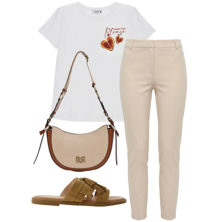 Outfit donna - Shopping e pranzo con amiche. Stile Casual chic per Tutti i giorni. Abbinamento con pantaloni skinny, borse a tracolla, sandali, t-shirt.