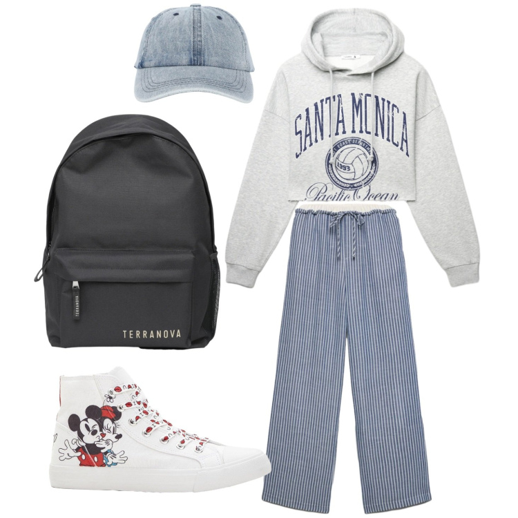 Outfit donna - Total look #2410138. Stile Casual per Sport. Abbinamento con sneakers alte, pantaloni, cappelli con visiera, zaini, felpe con cappuccio.