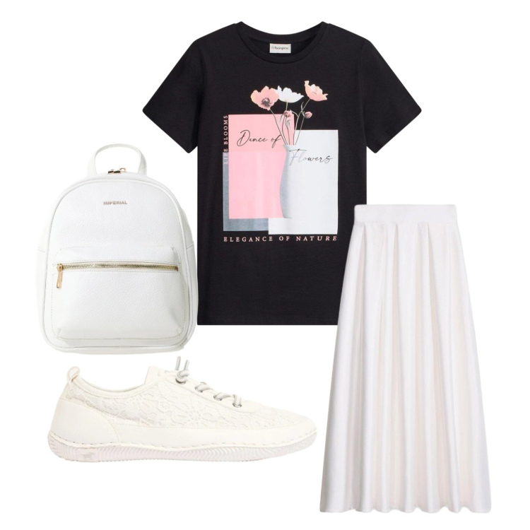 Outfit donna - Tu sei romantica. Stile Romantica per Tutti i giorni. Abbinamento con gonne lunghe, t-shirt, sneakers, zaini.