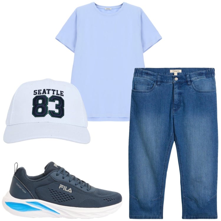 Outfit uomo - Total look #2410145. Stile Casual per Tutti i giorni. Abbinamento con sneakers, jeans slim fit, cappelli, t-shirt.