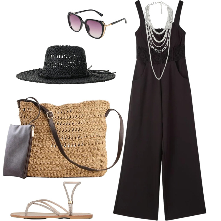 Outfit donna - Giornata al sole. Stile Etnico per Tutti i giorni. Abbinamento con occhiali da sole, borse a tracolla, tute, sandali, cappelli, collane.