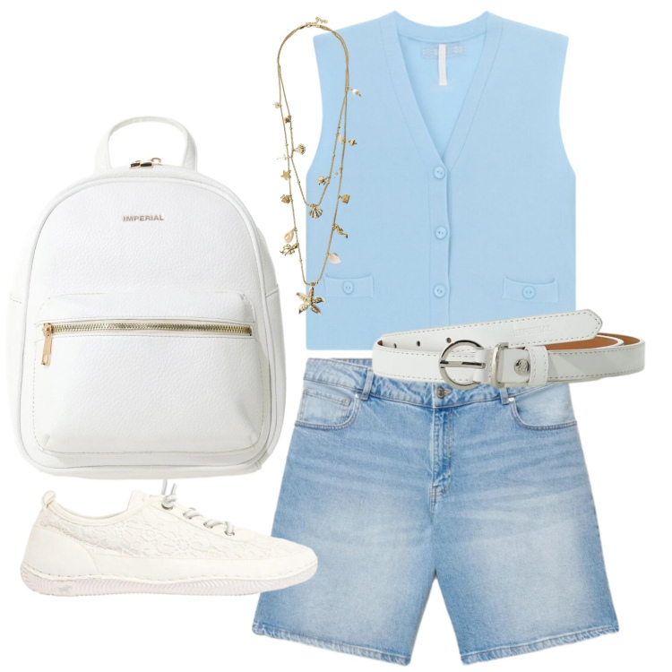 Outfit donna - Passeggiata estiva. Stile Casual per Tutti i giorni. Abbinamento con sneakers, shorts, zaini, cinture, collane, maglieria.