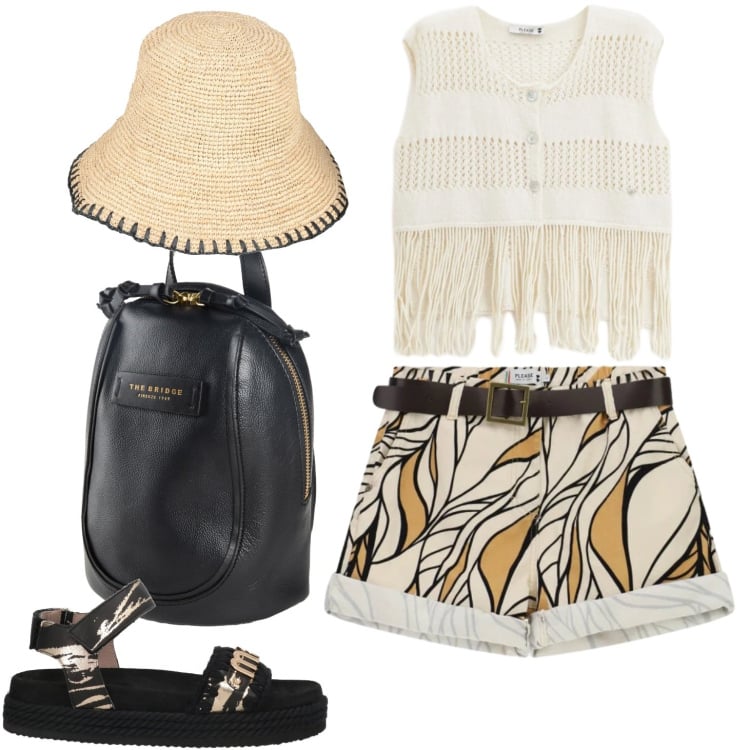 Outfit donna - Calura. Stile Boho per Tutti i giorni. Abbinamento con zaini, cappelli con visiera, espadrillas, top, shorts.
