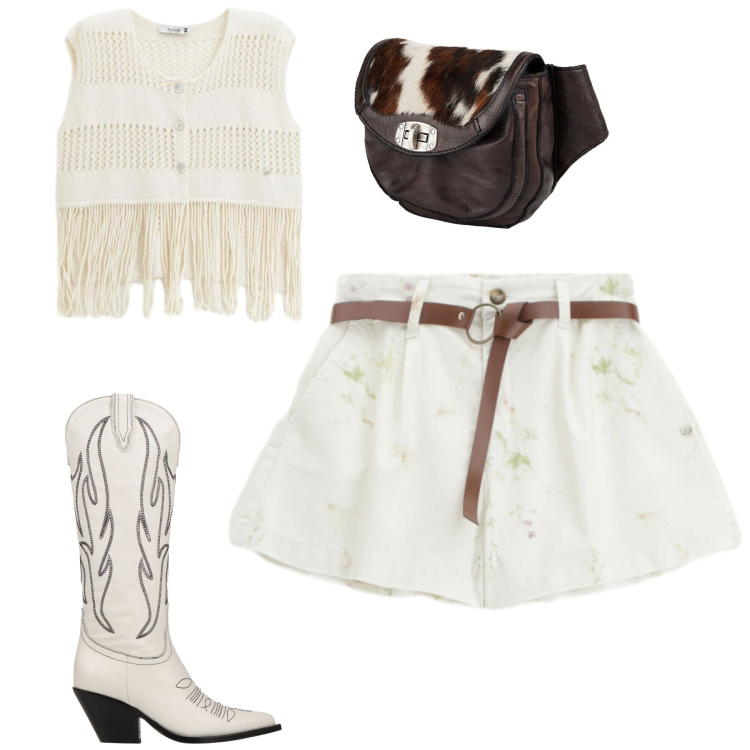 Outfit donna - Good vibes. Stile Boho per Tutti i giorni. Abbinamento con marsupi, stivali, shorts, top.