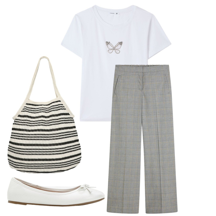 Outfit donna - Libera. Stile Casual per Tutti i giorni. Abbinamento con pantaloni, ballerine, shopping bag, t-shirt.