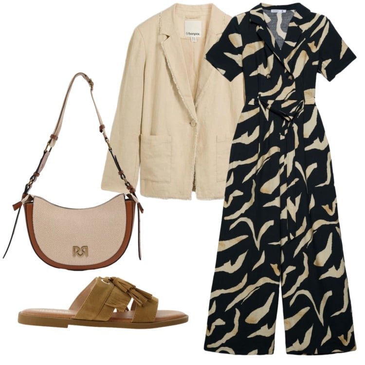 Outfit donna - All\'aperto. Stile Casual chic per Tutti i giorni. Abbinamento con blazer, tute, borse a tracolla, sandali.