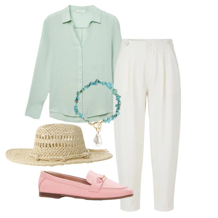 Outfit donna - Total look #2410161. Stile Boho per Tutti i giorni. Abbinamento con mocassini, camicie, pantaloni, cappelli, braccialetti.