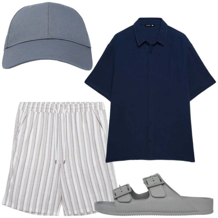 Outfit uomo - Pomeriggi estivi in relax. Stile Casual per Tutti i giorni. Abbinamento con pantaloni corti, cappelli con visiera, sandali, camicie a manica corta.