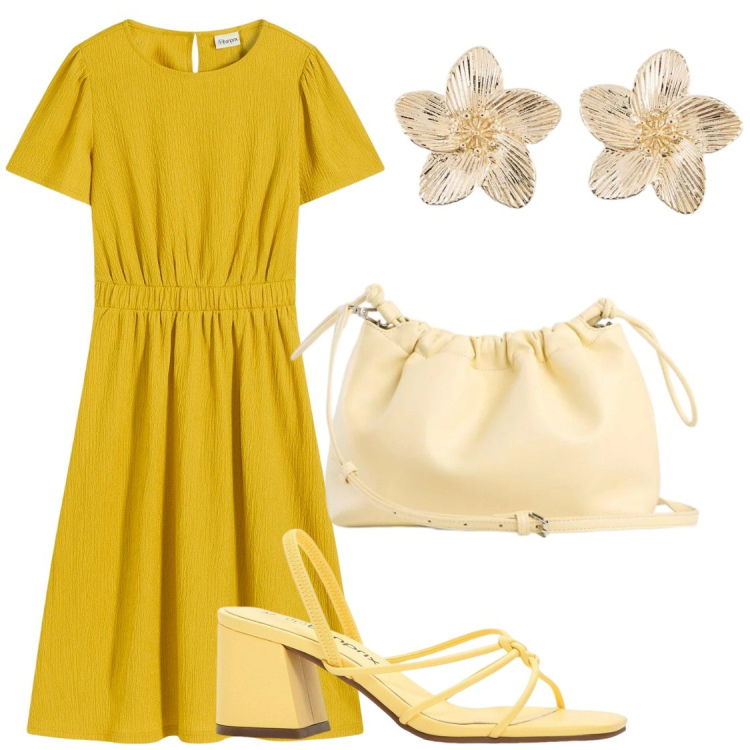 Outfit donna - Total yellow. Stile Chic per Serata fuori. Abbinamento con vestiti, borse a tracolla, sandali col tacco, orecchini.