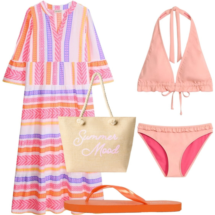 Outfit donna - Vacanze. Stile Chic per Mare. Abbinamento con vestiti lunghi, bikini, borse tote, infradito.