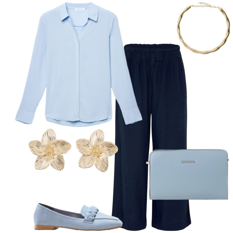 Outfit donna - Quiet dress in blu, azzurro e oro. Stile Bon Ton per Ufficio. Abbinamento con pantaloni culotte, mocassini, orecchini, camicie, borse a tracolla, collane.