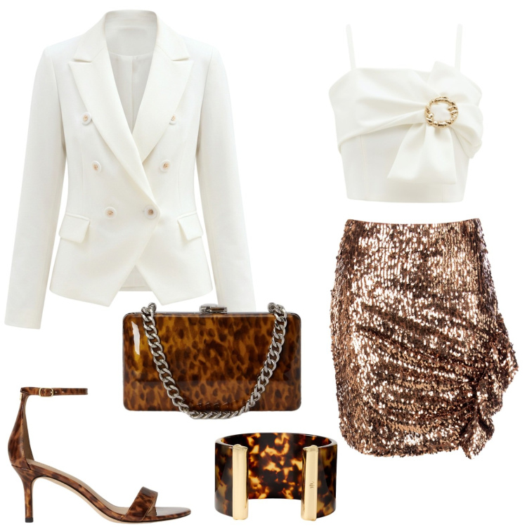 Outfit donna - Cerimonia luminosa. Stile Sexy per Cerimonia. Abbinamento con minigonne, blazer, top, clutch, sandali in pelle, braccialetti.
