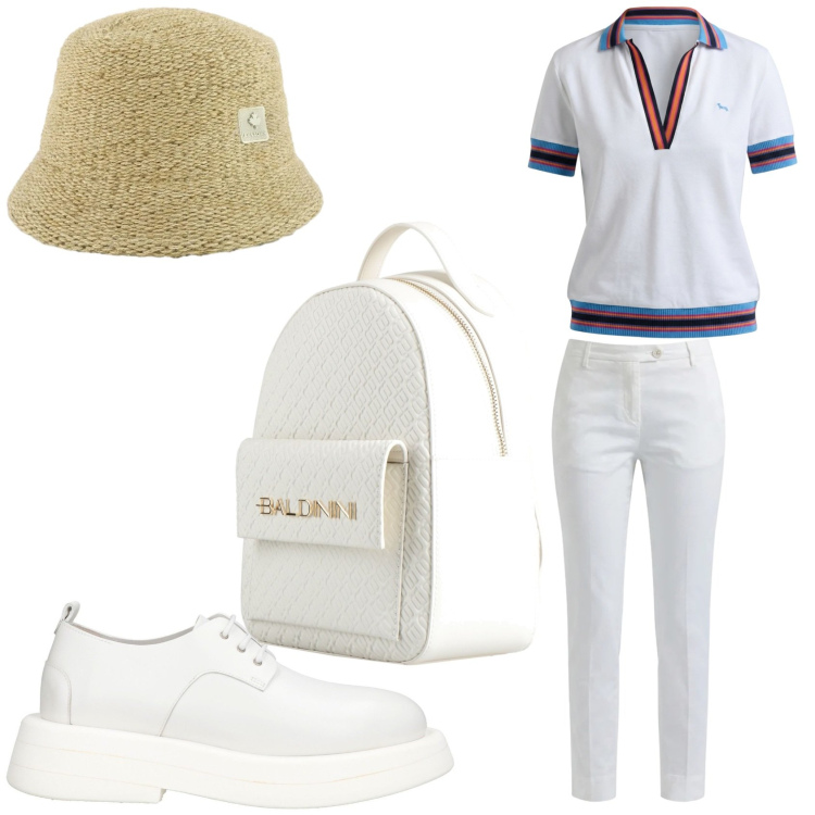 Outfit donna - Al Roland Garros. Stile Sporty chic per Tutti i giorni. Abbinamento con zaini, scarpe stringate, polo, pantaloni, cappelli.
