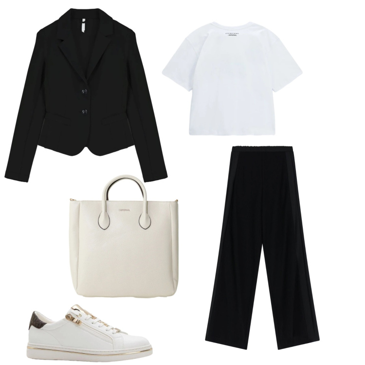 Outfit donna - Work. Stile Casual chic per Ufficio. Abbinamento con sneakers, borse a tracolla, blazer, pantaloni a palazzo, t-shirt.