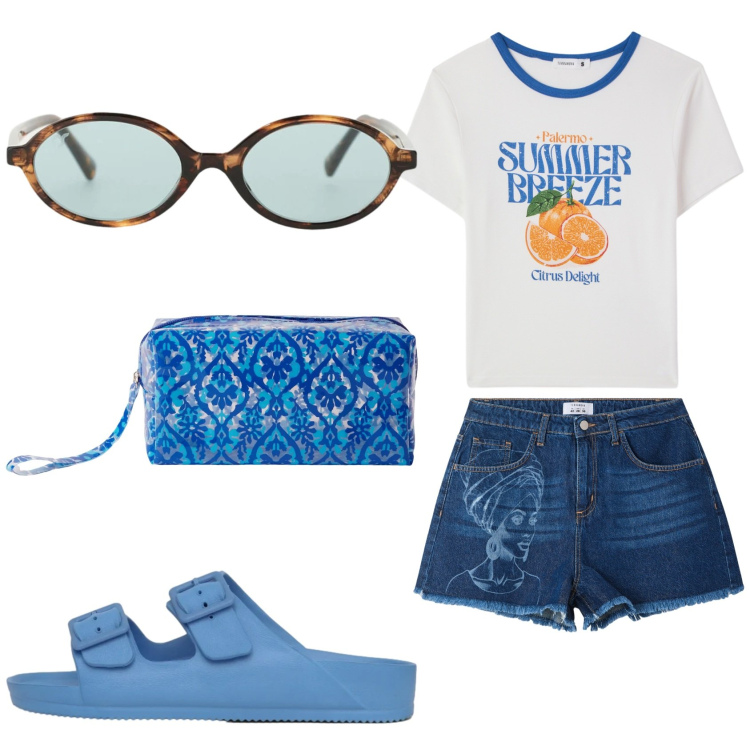 Outfit donna - Feels like summer. Stile Basic per Tutti i giorni. Abbinamento con valigie, shorts, ciabatte, t-shirt, occhiali da sole.