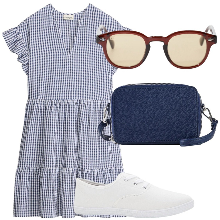 Outfit donna - Total look #2410186. Stile Casual chic per Tutti i giorni. Abbinamento con vestiti corti, sneakers, borse a tracolla, occhiali da sole.