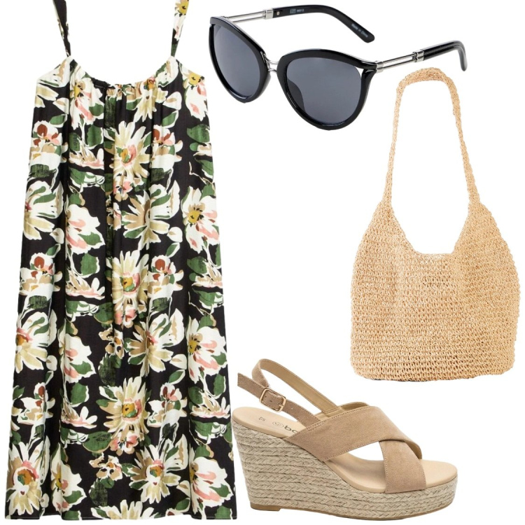 Outfit donna - Total look #2410195. Stile Chic per Tutti i giorni. Abbinamento con shopping bag, occhiali da sole, sandali col tacco, vestiti midi/longuette.