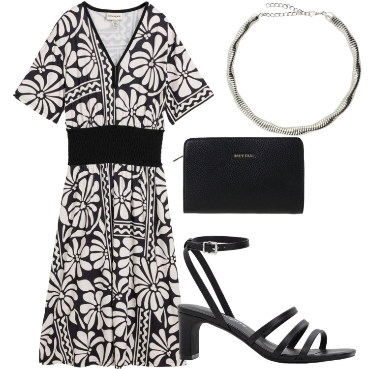 Outfit donna - Total look #2410196. Stile Chic per Serata fuori. Abbinamento con vestiti midi/longuette, sandali col tacco, borse a tracolla, collane.