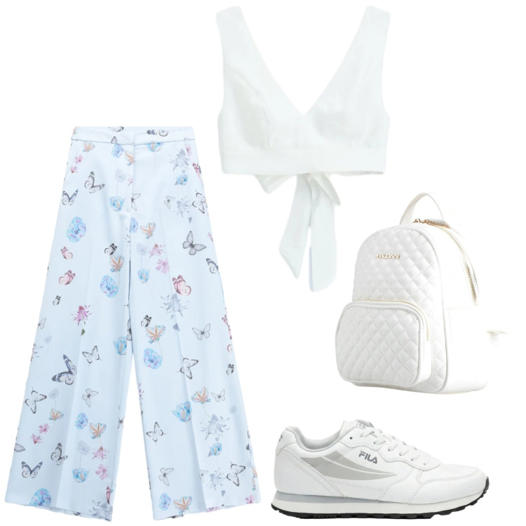 Outfit donna - Fresca in città. Stile Casual per Tutti i giorni. Abbinamento con zaini, sneakers, pantaloni a palazzo, top.