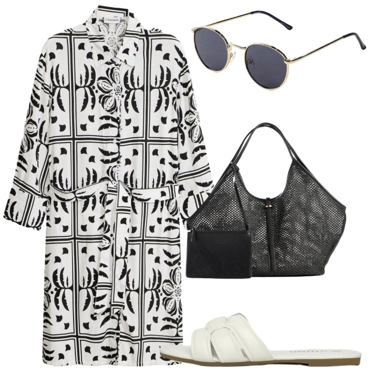 Outfit donna - Total look #2410201. Stile Chic per Serata fuori. Abbinamento con vestiti chemisier, occhiali da sole, shopping bag, ciabatte.
