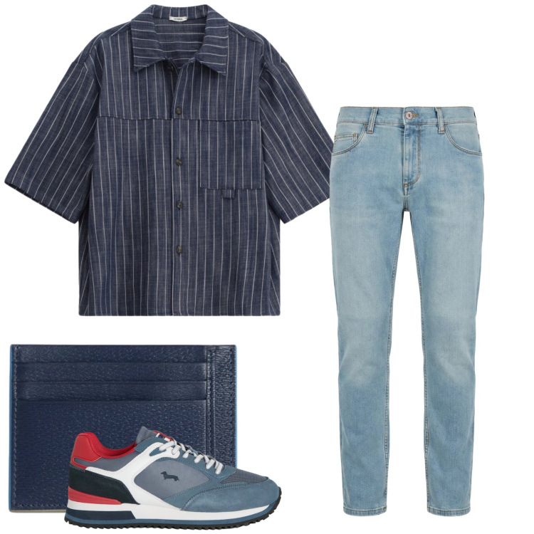 Outfit uomo - Total look #2410213. Stile Urban per Tutti i giorni. Abbinamento con camicie a manica corta, jeans slim fit, portafogli, sneakers.