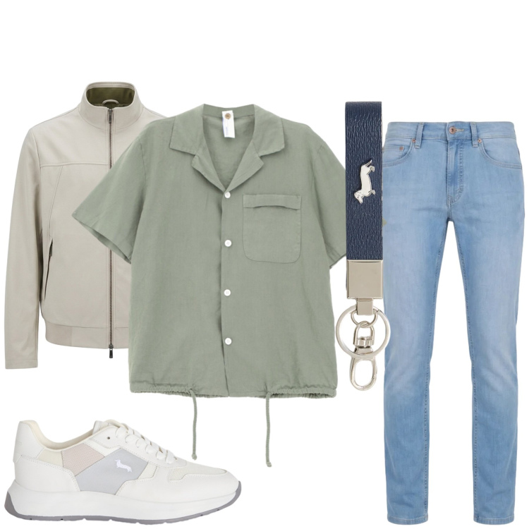 Outfit uomo - Total look #2410222. Stile Trendy per Tutti i giorni. Abbinamento con camicie a manica corta, sneakers, portachiavi, jeans, giacche.