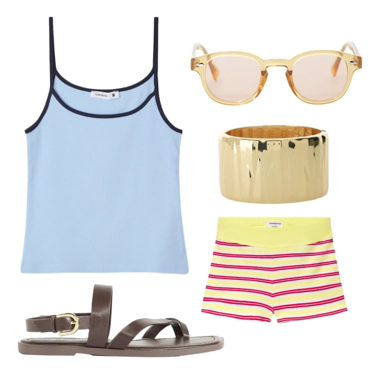 Outfit donna - Passeggiata al mare. Stile Casual per Mare. Abbinamento con sandali, top, shorts, occhiali da sole, braccialetti.
