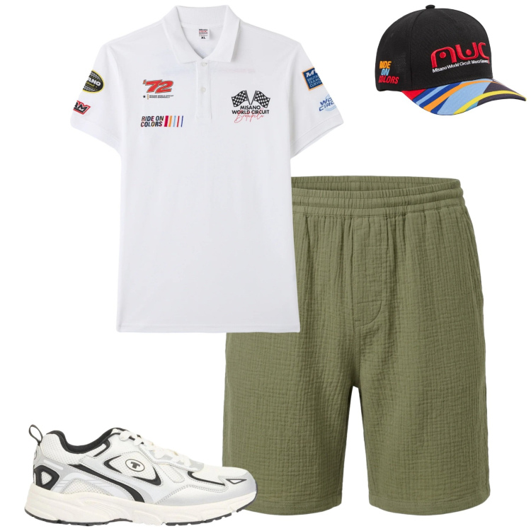 Outfit uomo - Total look #2410225. Stile Casual per Tutti i giorni. Abbinamento con sneakers, cappelli con visiera, polo, pantaloni corti.