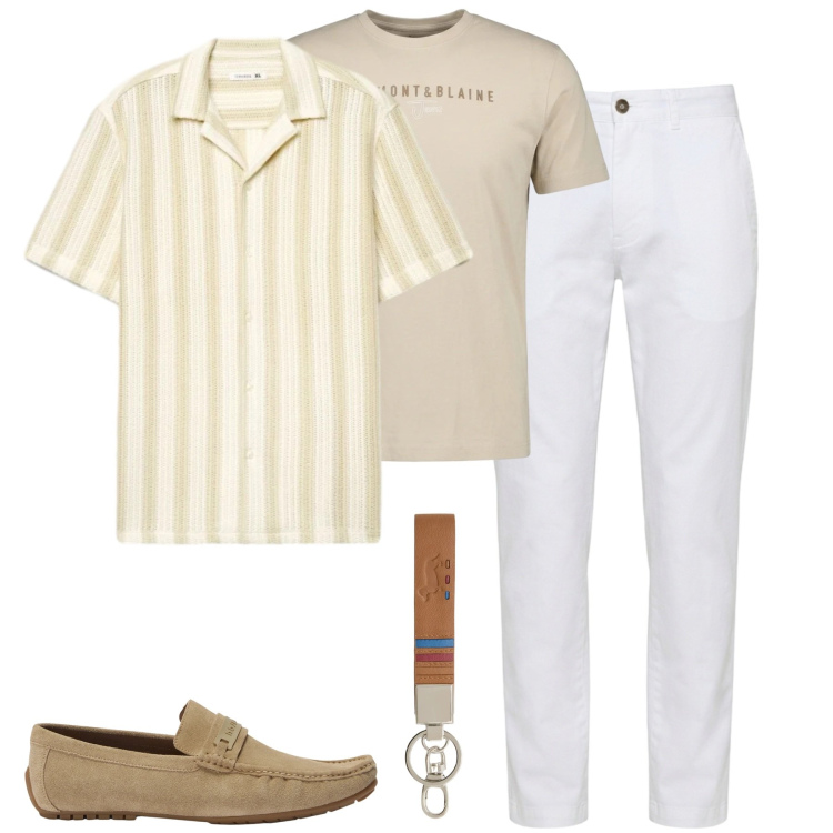 Outfit uomo - Giugno. Stile Urban per Tutti i giorni. Abbinamento con camicie a manica corta, portachiavi, scarpe stringate, pantaloni, t-shirt.