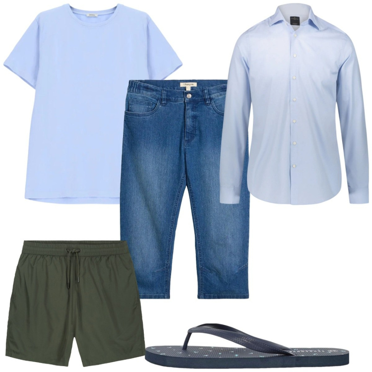 Outfit uomo - Total look #2410234. Stile Trendy per Mare. Abbinamento con jeans slim fit, sandali, t-shirt, camicie, costumi.