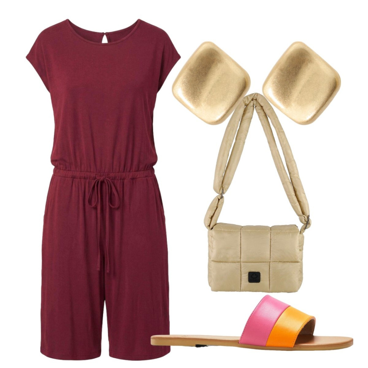 Outfit donna - Comoda. Stile Sporty chic per Tutti i giorni. Abbinamento con tuta corta, ciabatte, orecchini, borse a spalla.