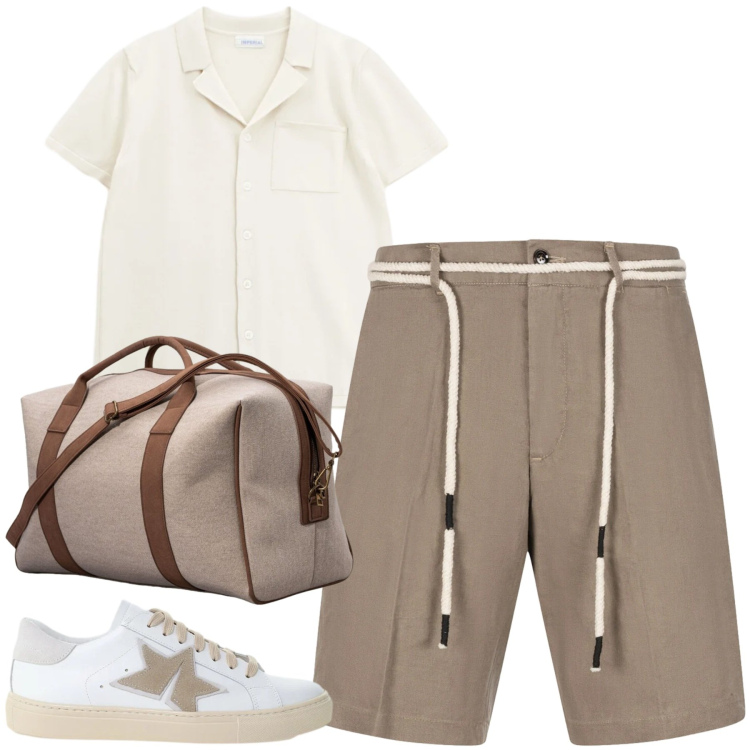 Outfit uomo - Weekend. Stile Urban per Tutti i giorni. Abbinamento con camicie a manica corta, sneakers, bermuda, borse sportive.