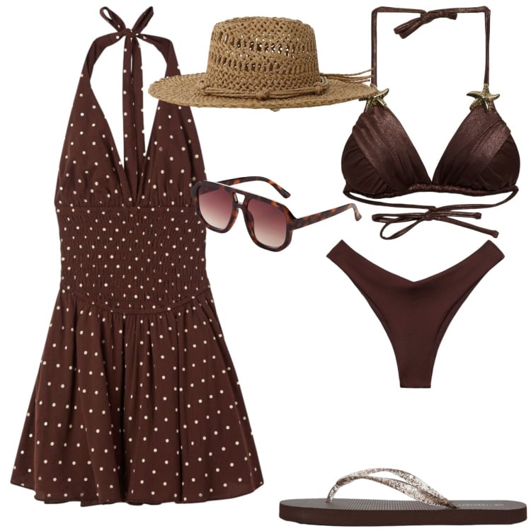 Outfit donna - Al mare. Stile Casual chic per Mare. Abbinamento con occhiali da sole, vestiti corti, bikini, bikini, infradito, cappelli.