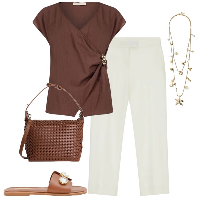 Outfit donna - La blusa cacao. Stile Urban per Tutti i giorni. Abbinamento con bluse, sandali gioiello, pantaloni, collane, borse a spalla.