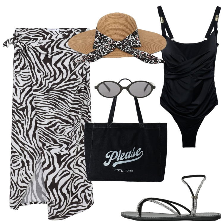 Outfit donna - Al mare. Stile Casual chic per Mare. Abbinamento con costumi interi, vestiti da spiaggia, sandali, cappelli, occhiali da sole, shopping bag.