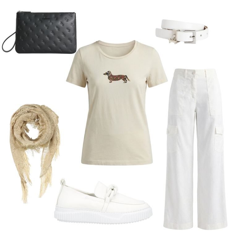 Outfit donna - Total look #2410251. Stile Casual chic per Tutti i giorni. Abbinamento con mocassini, stole, anelli, t-shirt, cinture, pantaloni cargo.