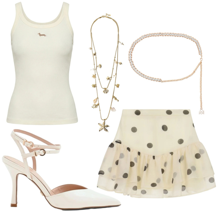 Outfit donna - Total look #2410254. Stile Trendy per Serata fuori. Abbinamento con décolleté, cinture, collane, minigonne, canottiere.