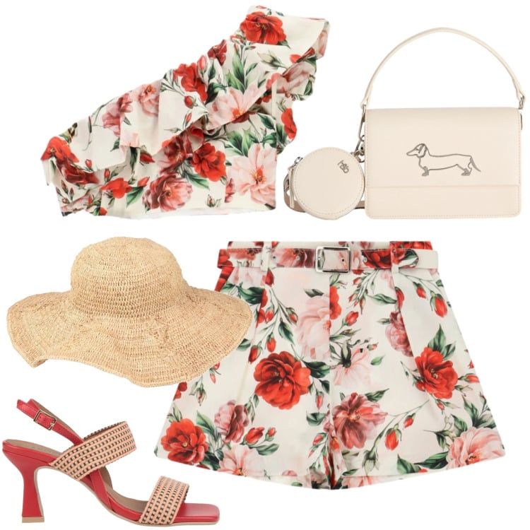 Outfit donna - Al mare con stile. Stile Glamour per Mare. Abbinamento con sandali in pelle, cappelli, top, shorts, borse a tracolla.